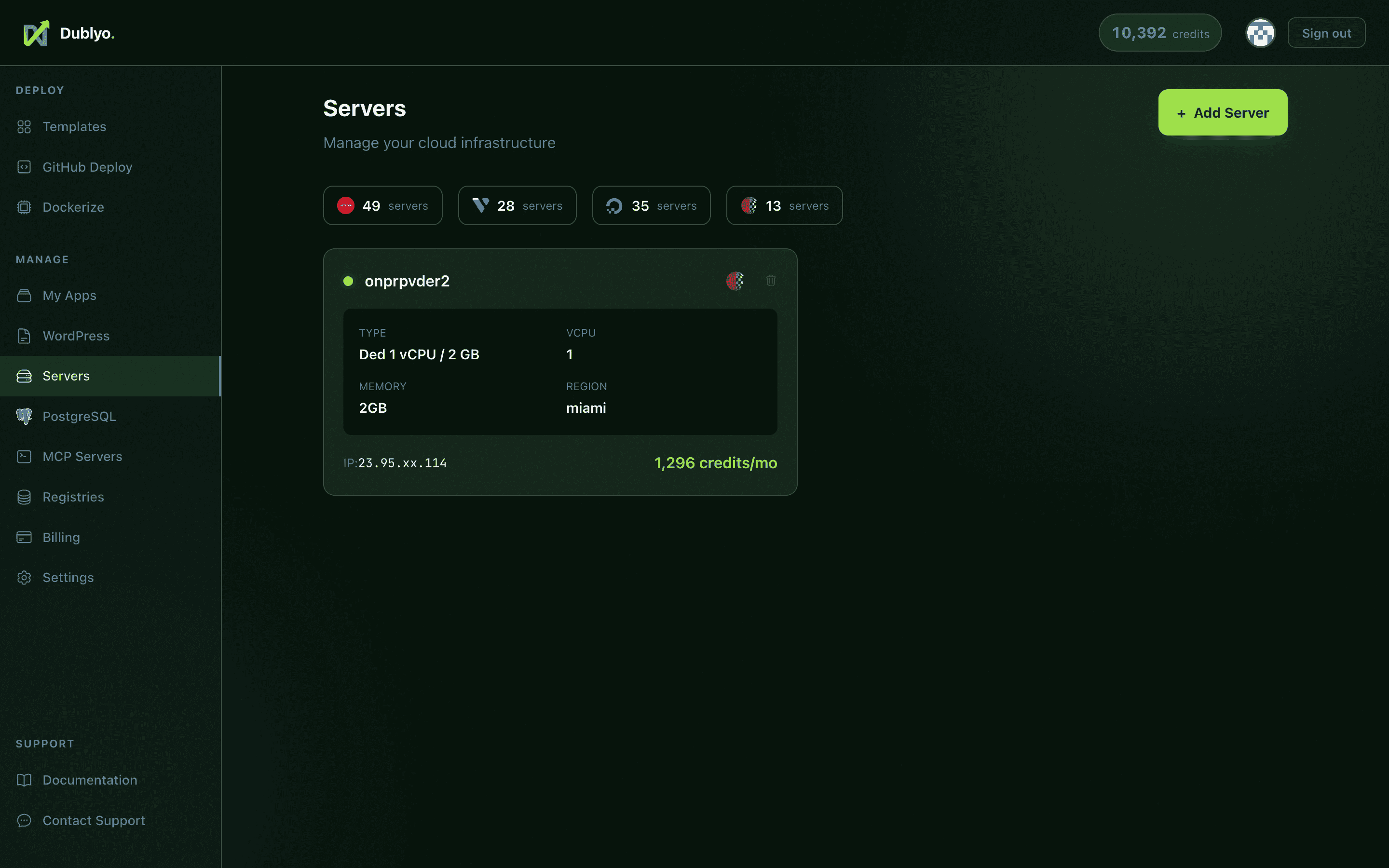 Server cards on the dashboard
