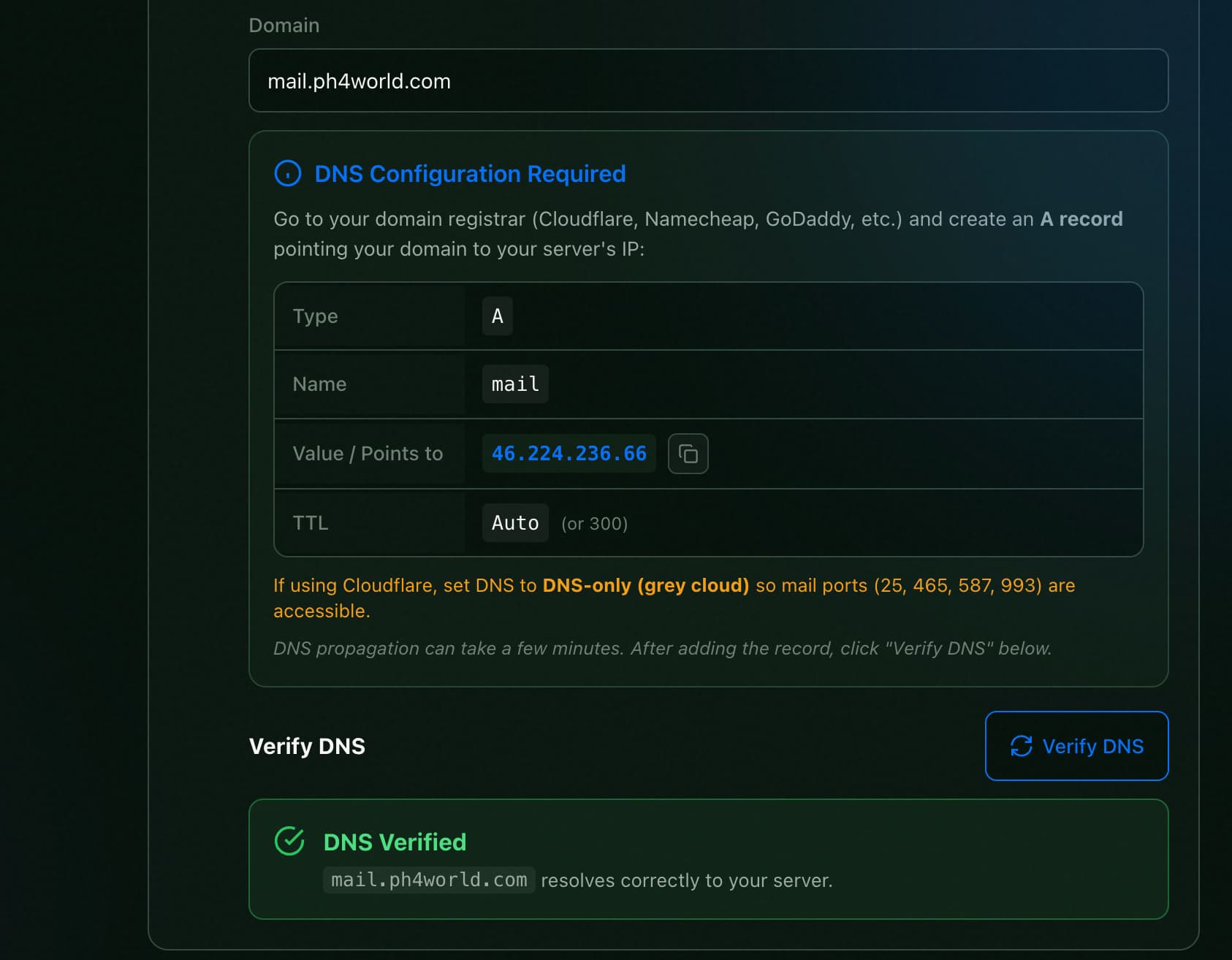 DNS verified successfully in the Dublyo deploy wizard