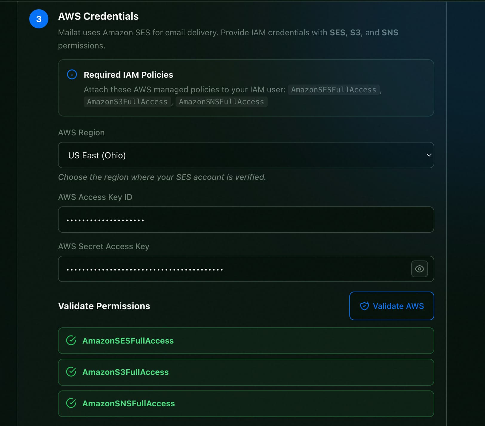 AWS credentials validated with all three permissions showing green checkmarks